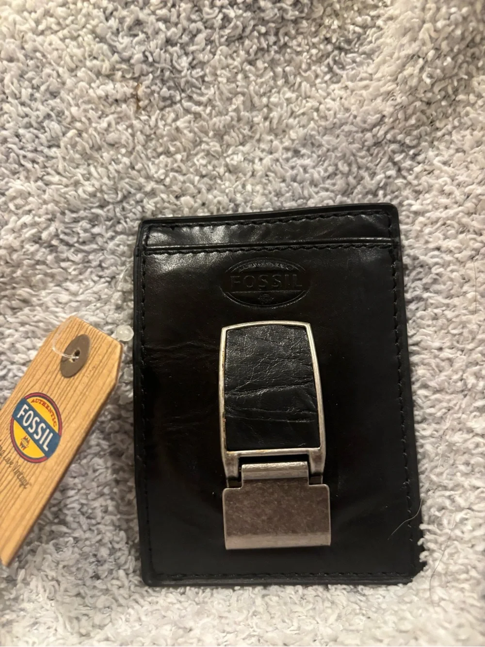 NWT Fossil Black Leather Front Pocket Wallet with Silver Money Clip